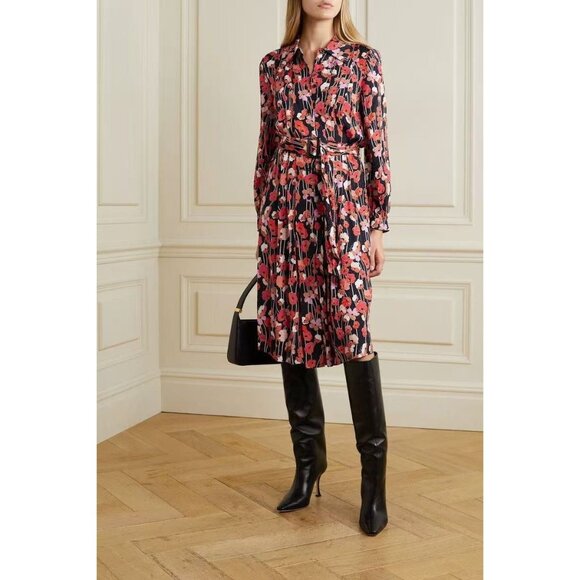 $480 NWOT SEE BY CHLOÉ Belted Floral-Print Satin-Jacquard Midi Shirt Dress Sz 38